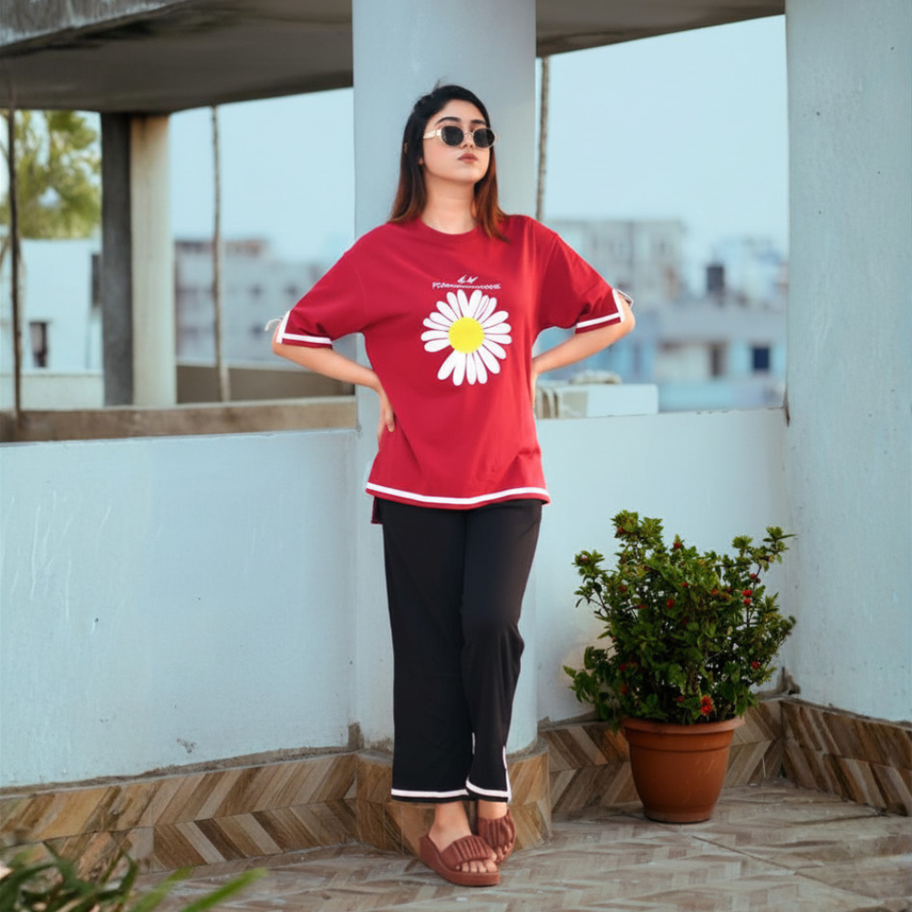 Side Cutting Co-Ord Set (Flower Red)