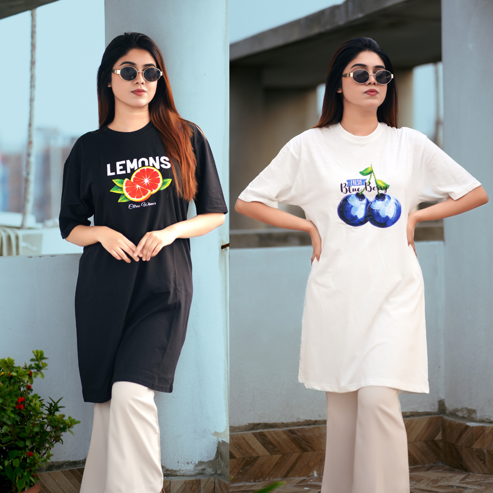 2 Pis Long T-Shirt Combo (Blue berry white / Lemon Black)