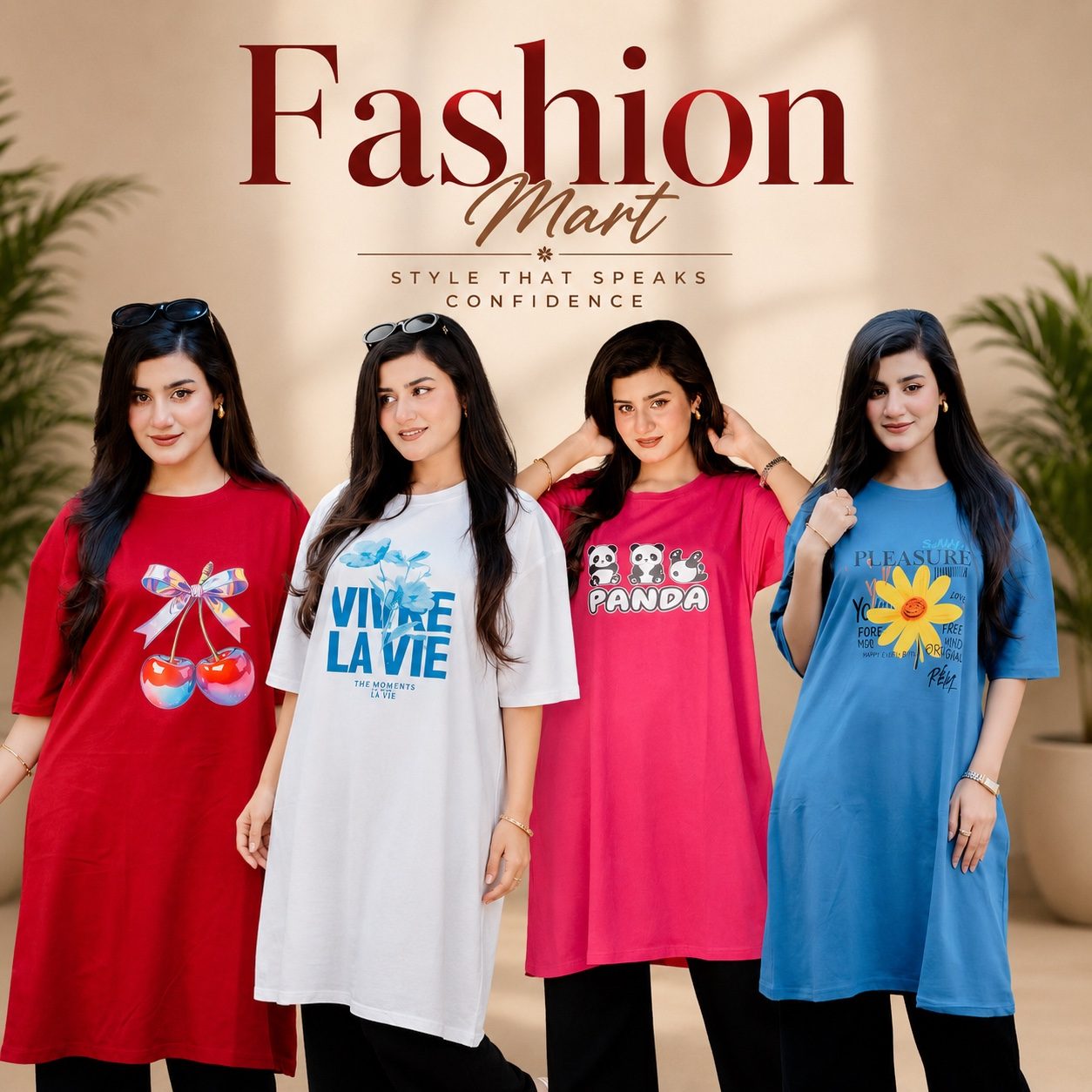 ৪ পিস লেডিস লং টি-শার্ট কম্বো ১১৯৯ টাকা (Style-Cheery Merun // VIVRE White // Panda Megenta // Pleasure Light Blue)