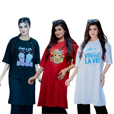 ৩ পিস লেডিস লং টি-শার্ট কম্বো ৯৯৯ টাকা (Fruit Merun/VIVRE White/BOBA Black)