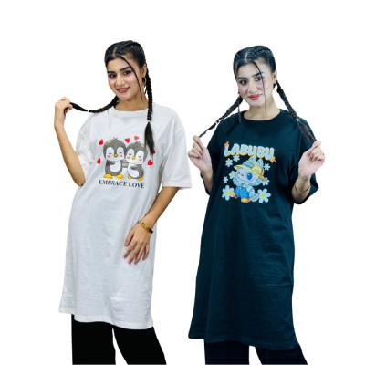2 Pis Long T-Shirt Combo  (Labubu Black / Embrance Love White)