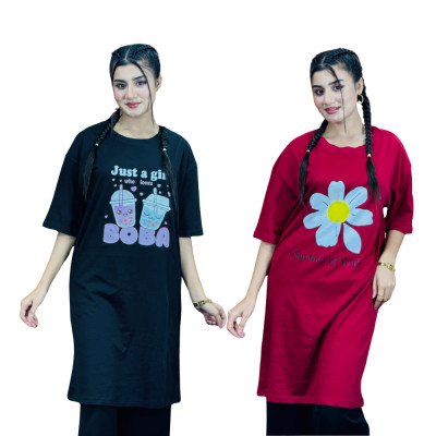 2 Pis Long T-Shirt Combo  (Summer of youth Merun / BOBA Black)
