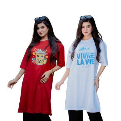 2 Pis Long T-Shirt Combo (Fruit drink Merun / VIVRE White)