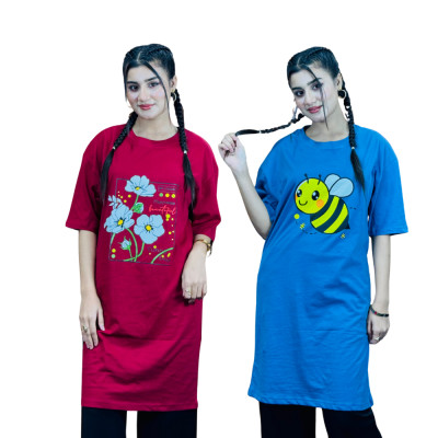 2 Pis Long T-Shirt Combo (Sunny Days Merun / BEE Light Blue)