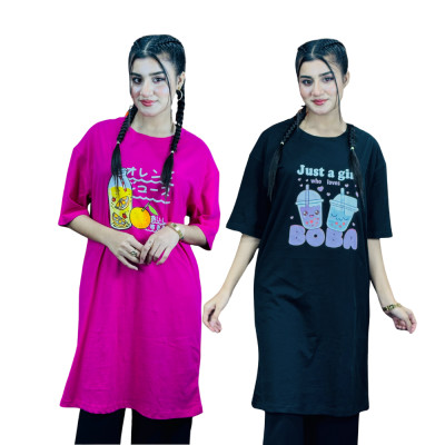 2 Pis Long T-Shirt Combo (Orange Juice Megenta / BOBA Black)