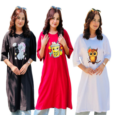 ৩ পিস লেডিস লং টি-শার্ট কম্বো ৯৯৯ টাকা (OWL White/Fruit Merun/Marie Cat Black)
