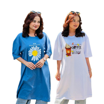 2 Pis Long T-Shirt Combo (COFFEE White / Flower Light Blue)