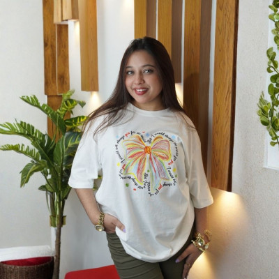 Ladies Drop Shoulder (Colourful Bow White)