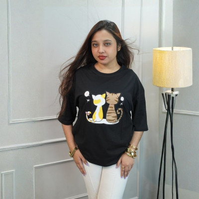 Ladies Drop Shoulder (Twin Cat Black)