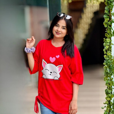 Ladies Drop Shoulder (Love Cat Red)