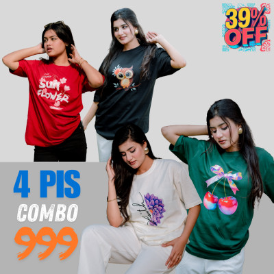 ৪ পিস টি-শার্ট কম্বো ৯৯৯ টাকা (Cheery Green / OWL Black / Sunflower Merun / Faith White)