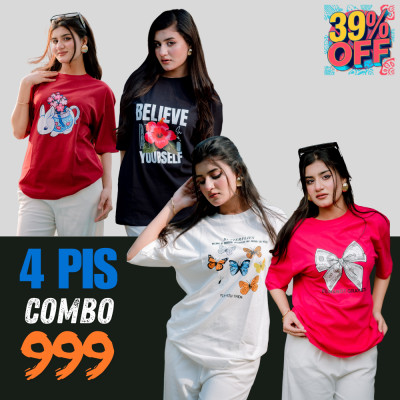 ৪ পিস টি-শার্ট কম্বো ৯৯৯ টাকা (Believe Black/Dollar Megenta/Fly With Them White/Rabbit Merun)