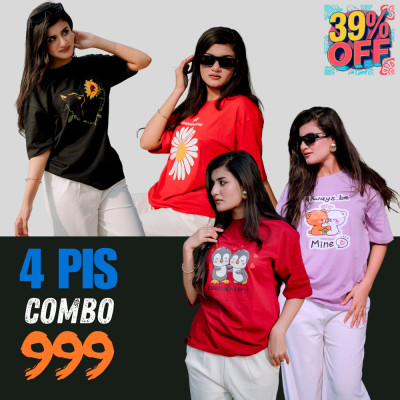৪ পিস টি-শার্ট কম্বো ৯৯৯ টাকা (Flower Red / Always Purple / Embrance Love Merun / Daisy Cat Black)