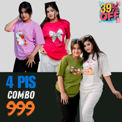 ৪ পিস টি-শার্ট কম্বো ৯৯৯ টাকা (ICE Cream Olive / Teddy White / Boom Purple / Dollar Megenta)