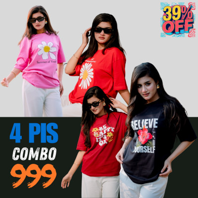 ৪ পিস টি-শার্ট কম্বো ৯৯৯ টাকা (Summer of youth Pink / Believe Black / Flower Red / Be happy Merun)