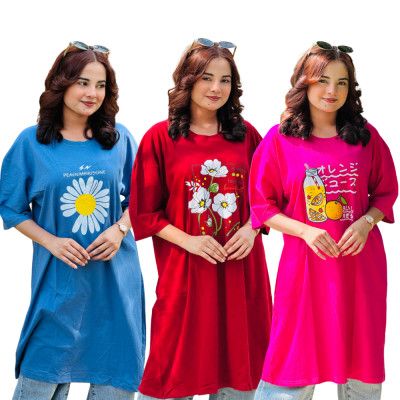 ৩ পিস লেডিস লং টি-শার্ট কম্বো ৯৯৯ টাকা (Flower Light Blue/Orange Juice Megenta/Sunny days Merun)