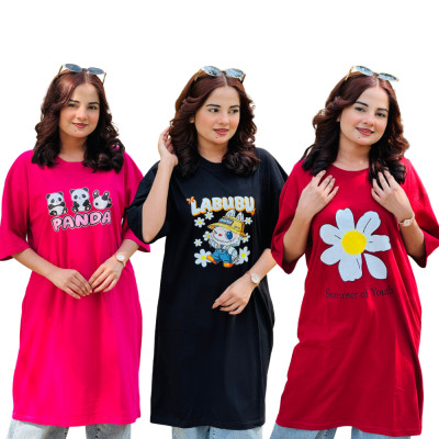 ৩ পিস লেডিস লং টি-শার্ট কম্বো ৯৯৯ টাকা (Summer of youth Merun/Panda Megenta/Labubu Black)