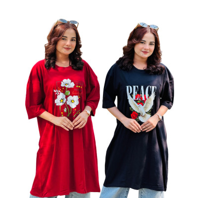 2 Pis Long T-Shirt Combo  (Peace Black/ Sunny Days Merun)