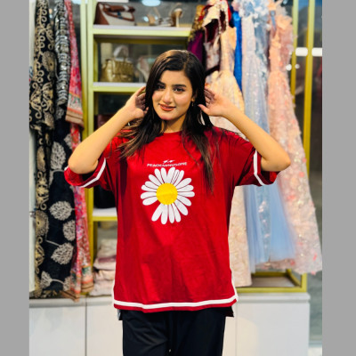 Side Cutting T-Shirt (Flower Merun)